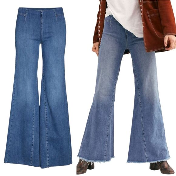 Free People Drapey A Line Pull On Flare Jeans Medium Wash Bellbottoms Size 26 /2 - Picture 11 of 11